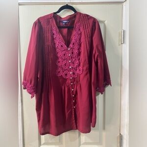 Denim 24/7 Size 22W Pink Floral Crochet Lace Peasant Button Up Blouse Top